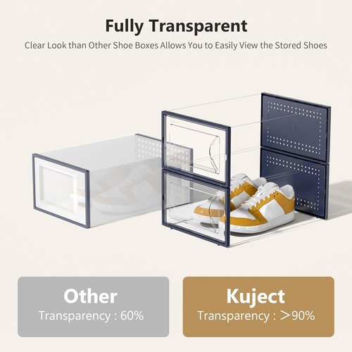 Kuject Shoe Storage Box - Large Crystal Clear Stackable Organizer | Space-Saving 12-Pack in Blue