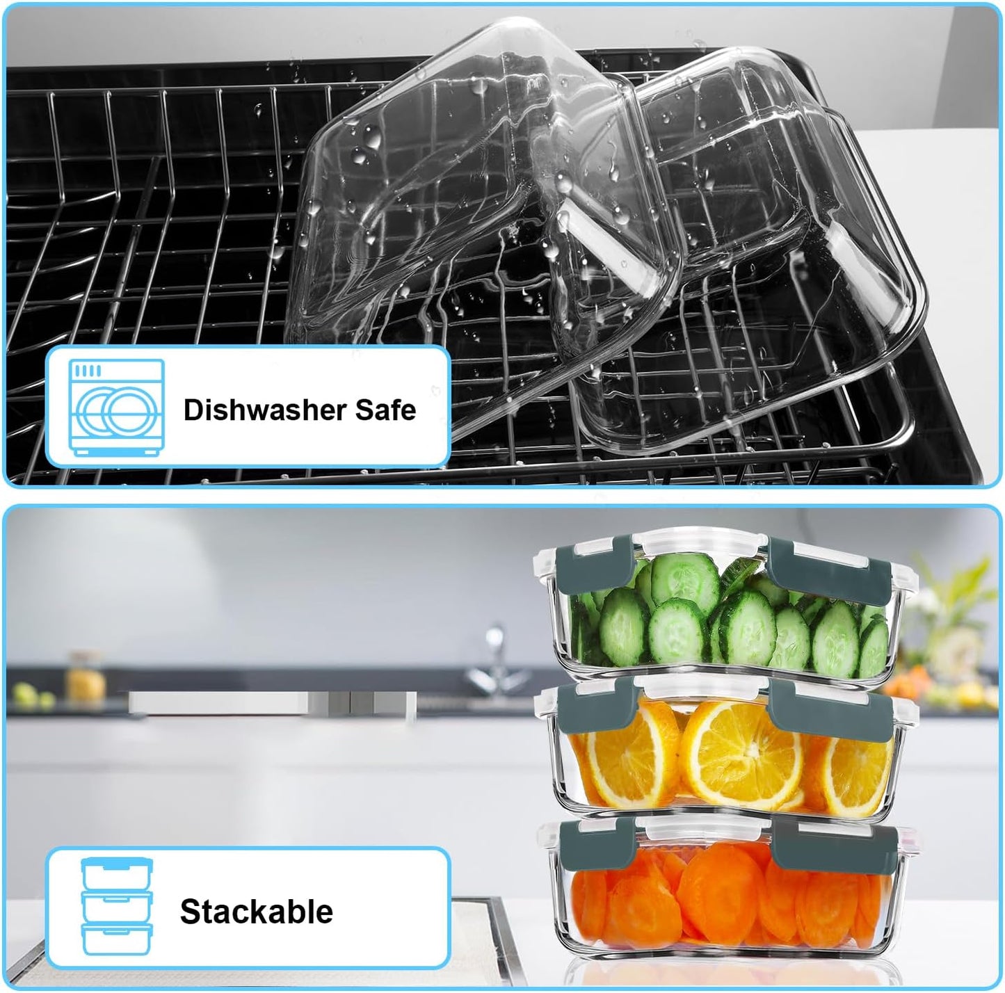 VERONES Glass Meal Prep Containers - 5 Pack Airtight 36 OZ Lunch Storage Set | BPA-Free, Microwave & Oven Safe, Grey