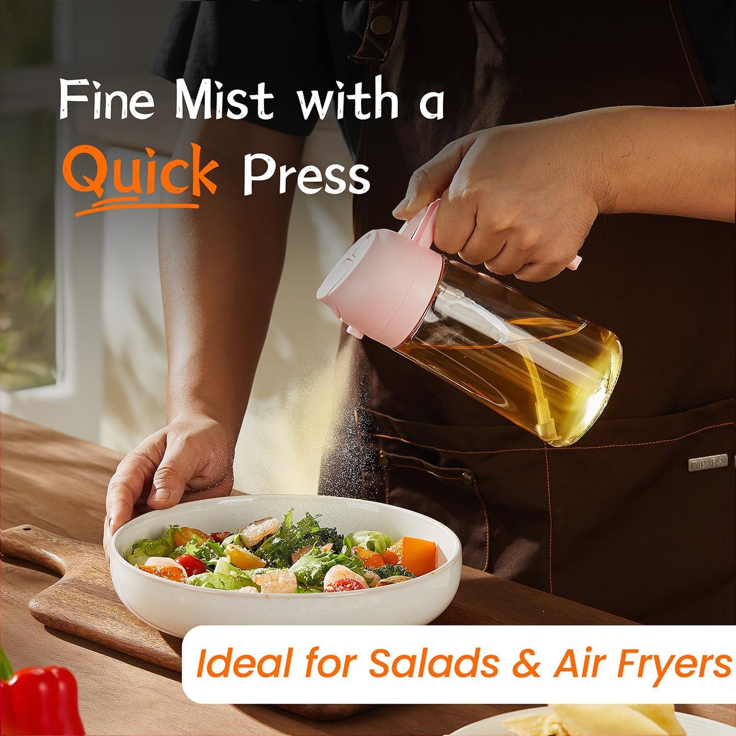 TrendPlain 16oz Glass Olive Oil Sprayer - 2-in-1 Dispenser for Cooking, Air Fryer & BBQ - Peach Color