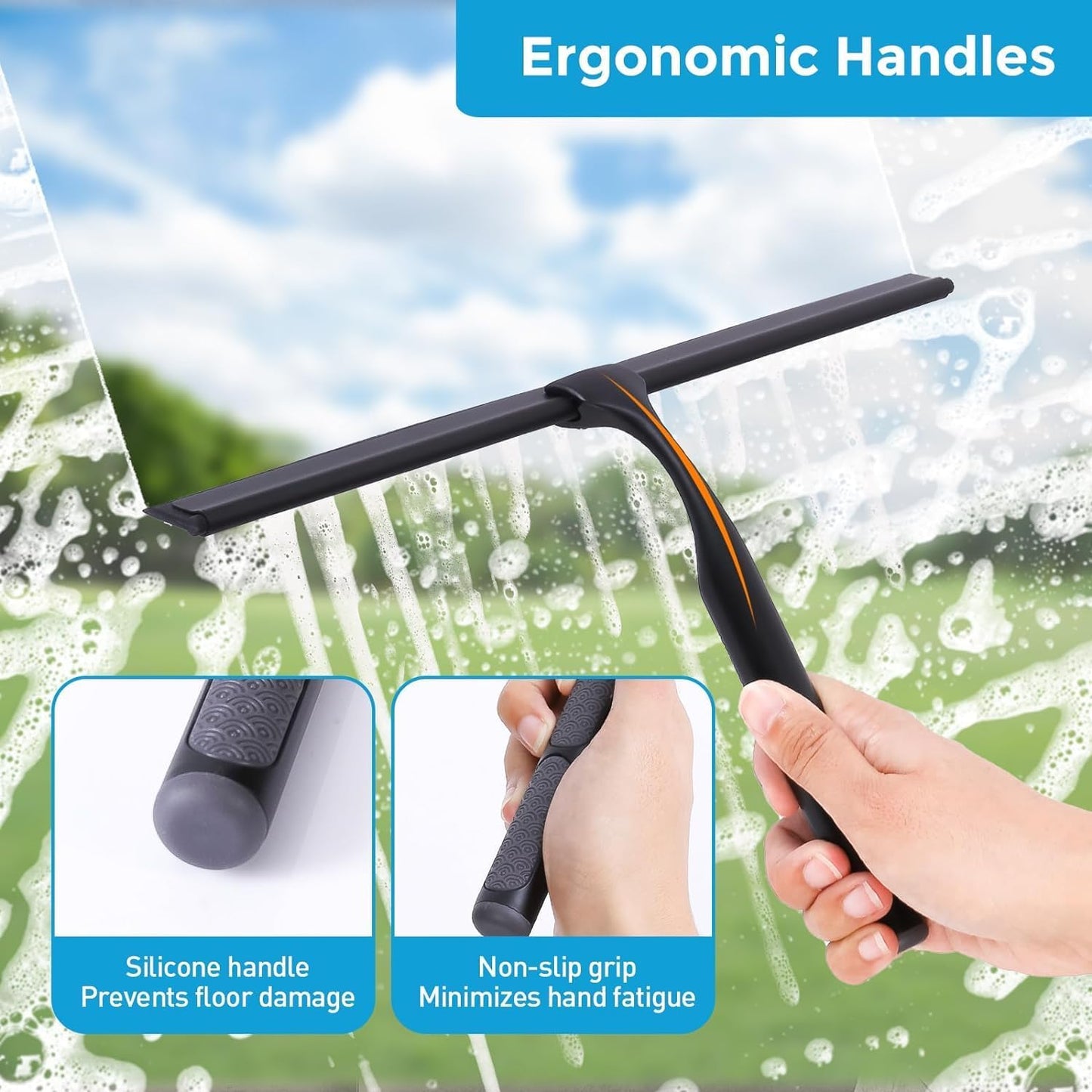 Quntis 12-Inch Shower Squeegee - Heavy-Duty Black Glass Cleaner with Non-Slip Handle & Hooks