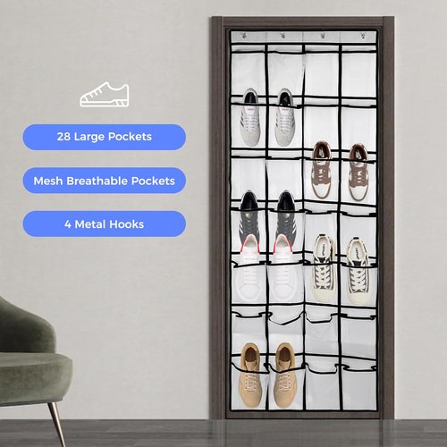 GOMAJI 28 Pocket Over the Door Shoe Organizer - Large Capacity Hanging Storage with 4 Hooks