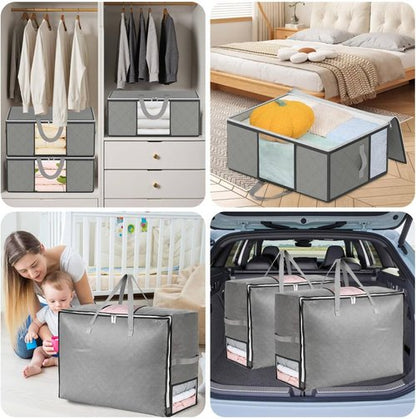 4 Pack Skiennix Extra Large Comforter Storage Bags - Foldable Bedding Organizers with 3 Clear Windows, Grey