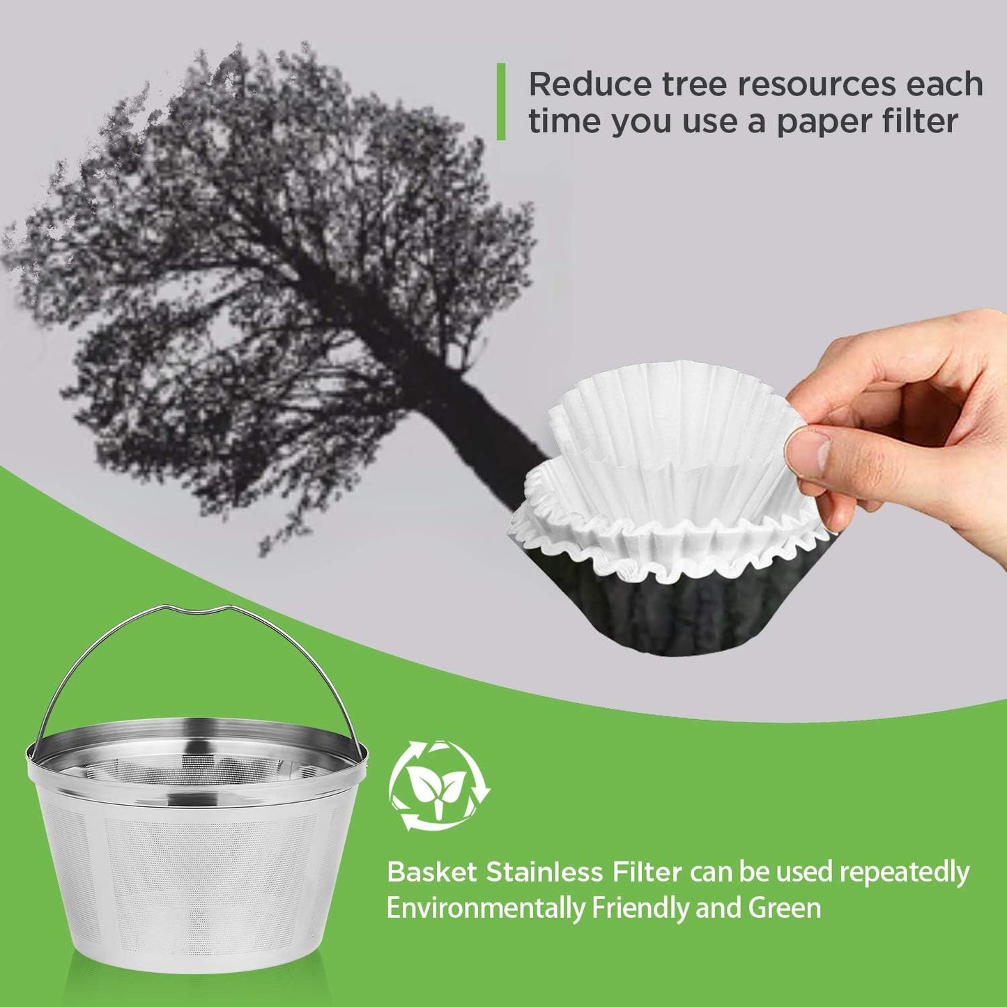 Skiennix Stainless Steel Reusable Coffee Filter - Durable Permanent Basket for 8-12 Cup Coffee Makers