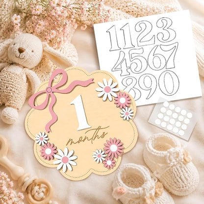 Monthly Milestone Sign Set for Girls with Pink Bow – 1–12 Months, Double-Sided Wooden Baby Photo Keepsake (Variation: Pink Flower01)