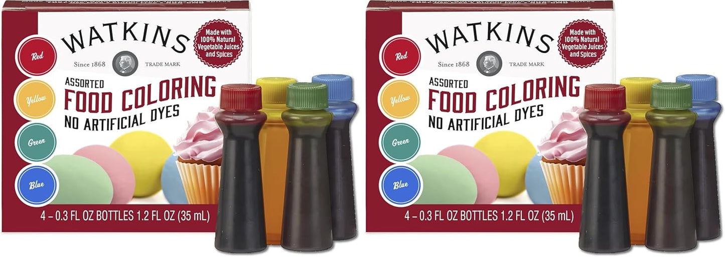 Watkins Food Coloring Set - Assorted Red, Yellow, Green, Blue | 4 x 0.3 oz Bottles (Pack of 2)