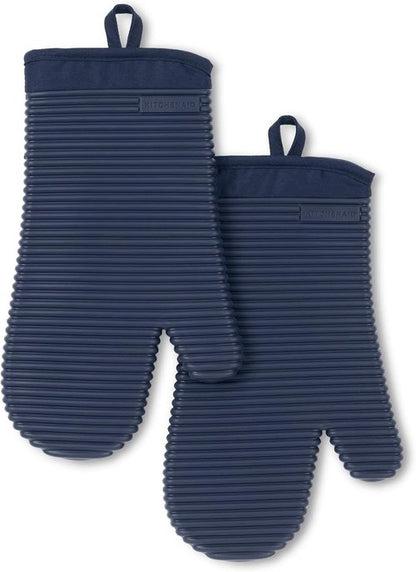 KitchenAid Ribbed Silicone Oven Mitts - 2-Pack Set, 7.5"x13", Stylish Ink Blue Color