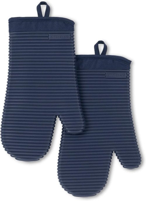 KitchenAid Ribbed Silicone Oven Mitts - 2-Pack Set, 7.5"x13", Stylish Ink Blue Color