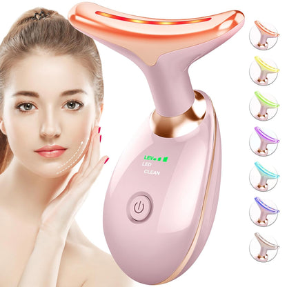 Skiennix Red Light Therapy Face Massager - 7 Color Tool for Wrinkles & Double Chin | Glossy Pink