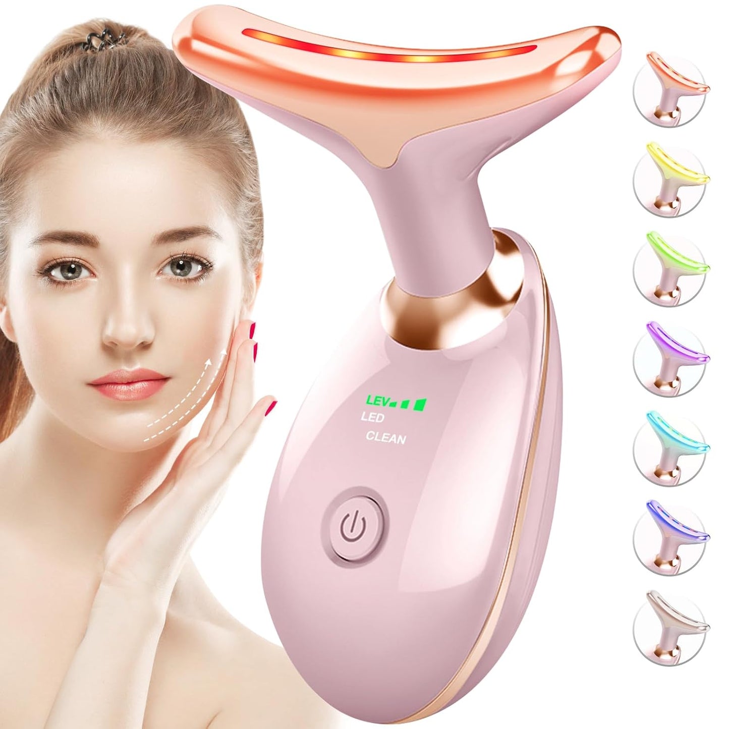 Skiennix Red Light Therapy Face Massager - 7 Color Tool for Wrinkles & Double Chin | Glossy Pink