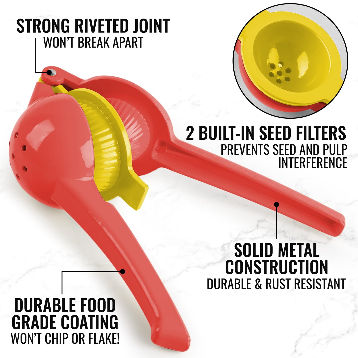 Zulay Metal 2-In-1 Lemon Squeezer Manual - Sturdy, Max Extraction Hand Juicer Lemon Squeezer Gets Every Last Drop - Easy to Clean Manual Citrus Juicer - Easy-to-Use Lemon Juicer Squeezer - Red/Yellow