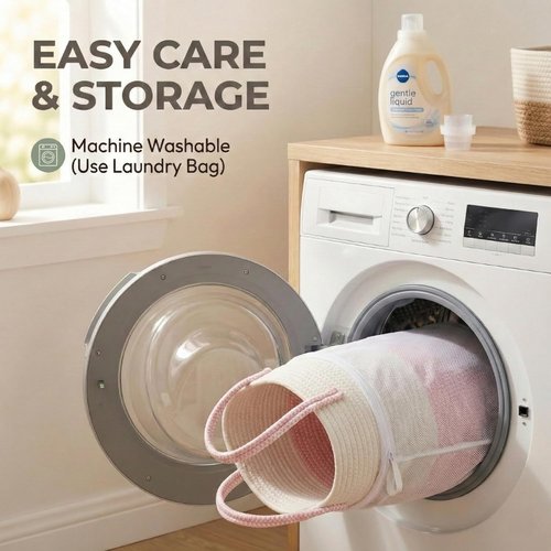JMvicyroam Extra Large Blanket Basket - Woven Cotton Rope Laundry Hamper with Reinforced Handles | White & Pink, Machine Washable