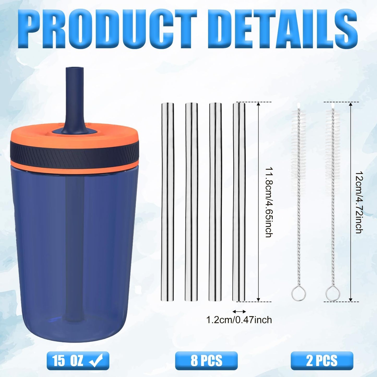 Zak Designs Metal Straw Set - 8 Reusable Stainless Steel Straws with 2 Cleaning Brushes | 11.8cm/4.65in Compatible with 15oz Water Bottle