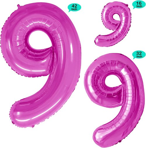 GOER Number 9 Balloons - Hot Pink Foil Party Decorations | 3 Pack, 42 Inch, 32 Inch, 16 Inch