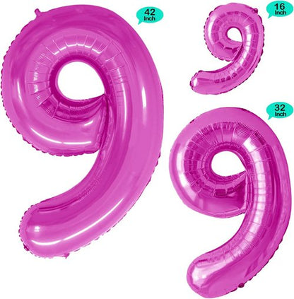GOER Number 9 Balloons - Hot Pink Foil Party Decorations | 3 Pack, 42 Inch, 32 Inch, 16 Inch