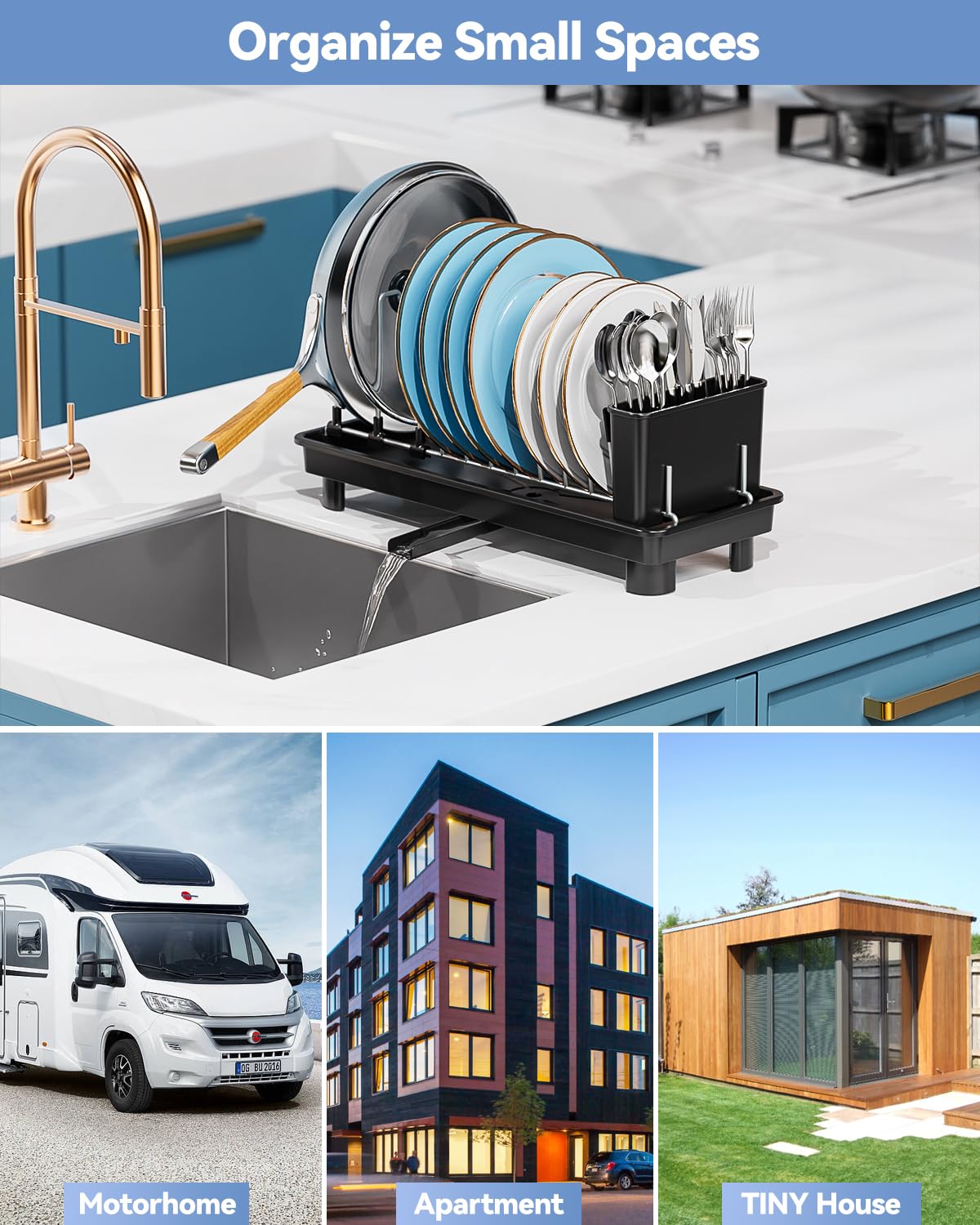 LIONONLY Small Dish Drying Rack, Compact Dish Rack for Kitchen Counter, Stainless Steel Dish Drainer, Space Saving Plate Rack, Dish Strainer with Cutlery Holder