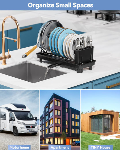 LIONONLY Small Dish Drying Rack, Compact Dish Rack for Kitchen Counter, Stainless Steel Dish Drainer, Space Saving Plate Rack, Dish Strainer with Cutlery Holder