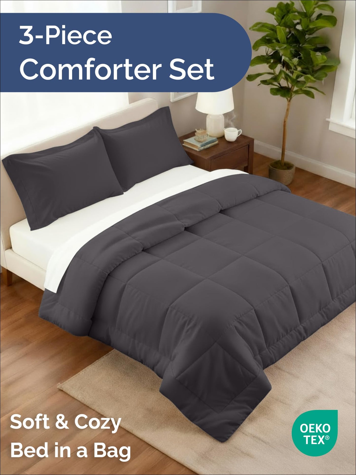 Queen Comforter Set - 3 Piece Bed Set for All Seasons - 1 Soft Quilted Comforter with Corner Tabs & 2 Pillow Shams - Comfy & Breathable - Premium Down Duvet Insert - Oeko-TEX - Queen Size, Dark Grey
