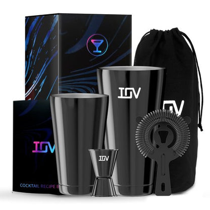 IOV Boston Cocktail Shaker Bar Set, Bartender Kit Drink Mixer Set with 18 oz & 28 oz Boston Shakers, Hawthorne Strainer, Double Jigger, Bar Tool Kit and Recipe Booklet - Black