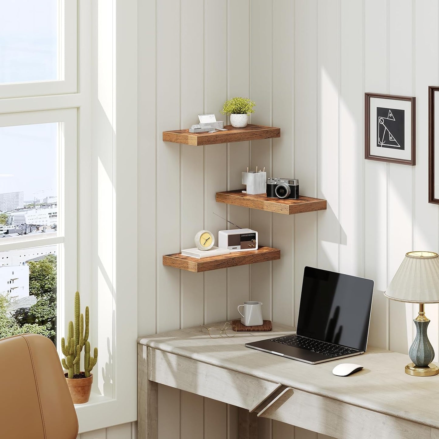 RALGEND Floating Wall Shelves - Set of 3 Rustic Brown 1.5" Thick with Invisible Brackets | 15.7L x 7.9W for Home Decor