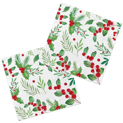 5 x 5 Inch Christmas Holly Paper Napkins Set of 80 - Seasonal Beverage Napkins