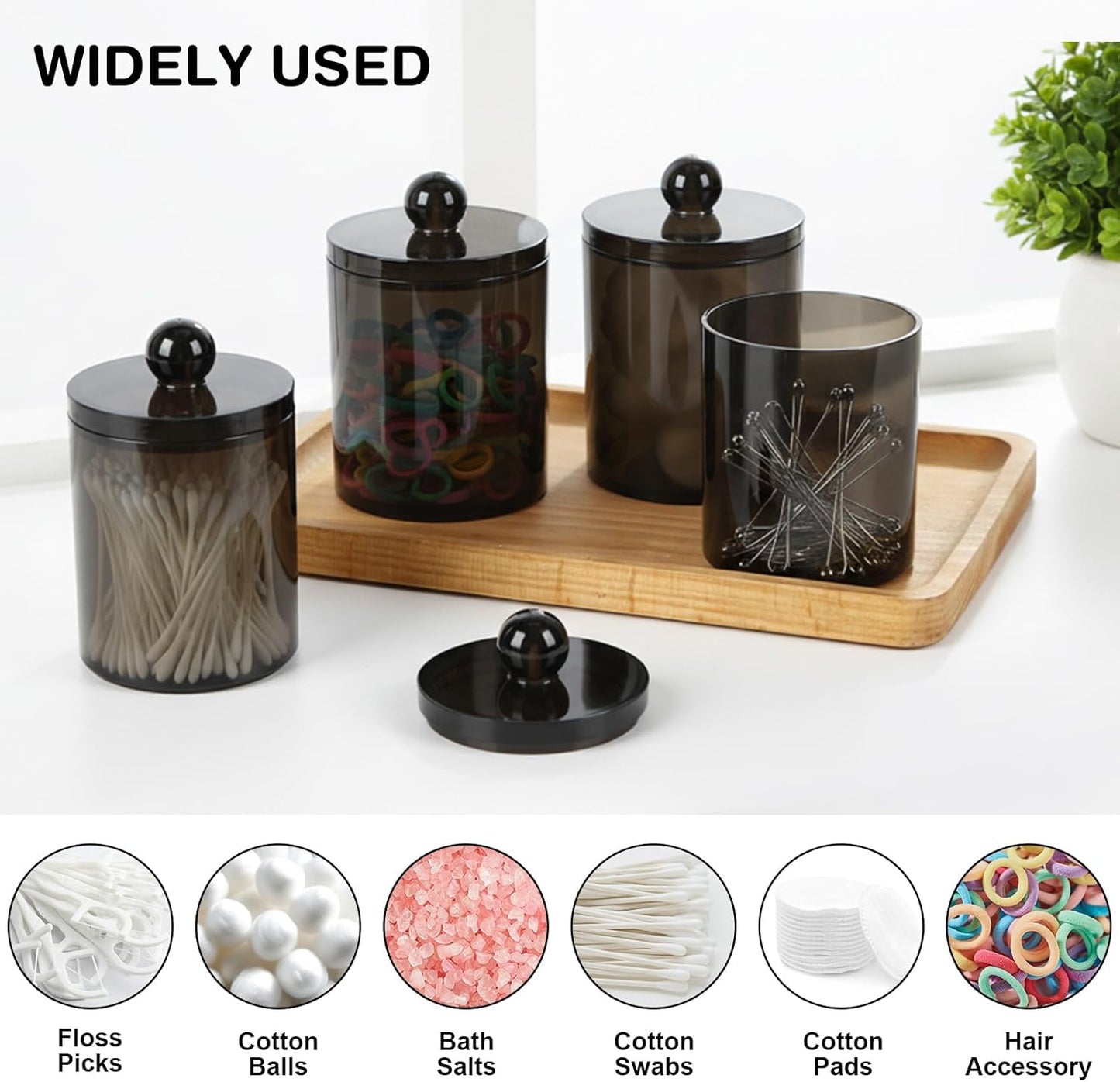 WEISHI Qtip Holder Dispenser - 4 Pack Small Plastic Apothecary Jars for Bathroom Storage | Black