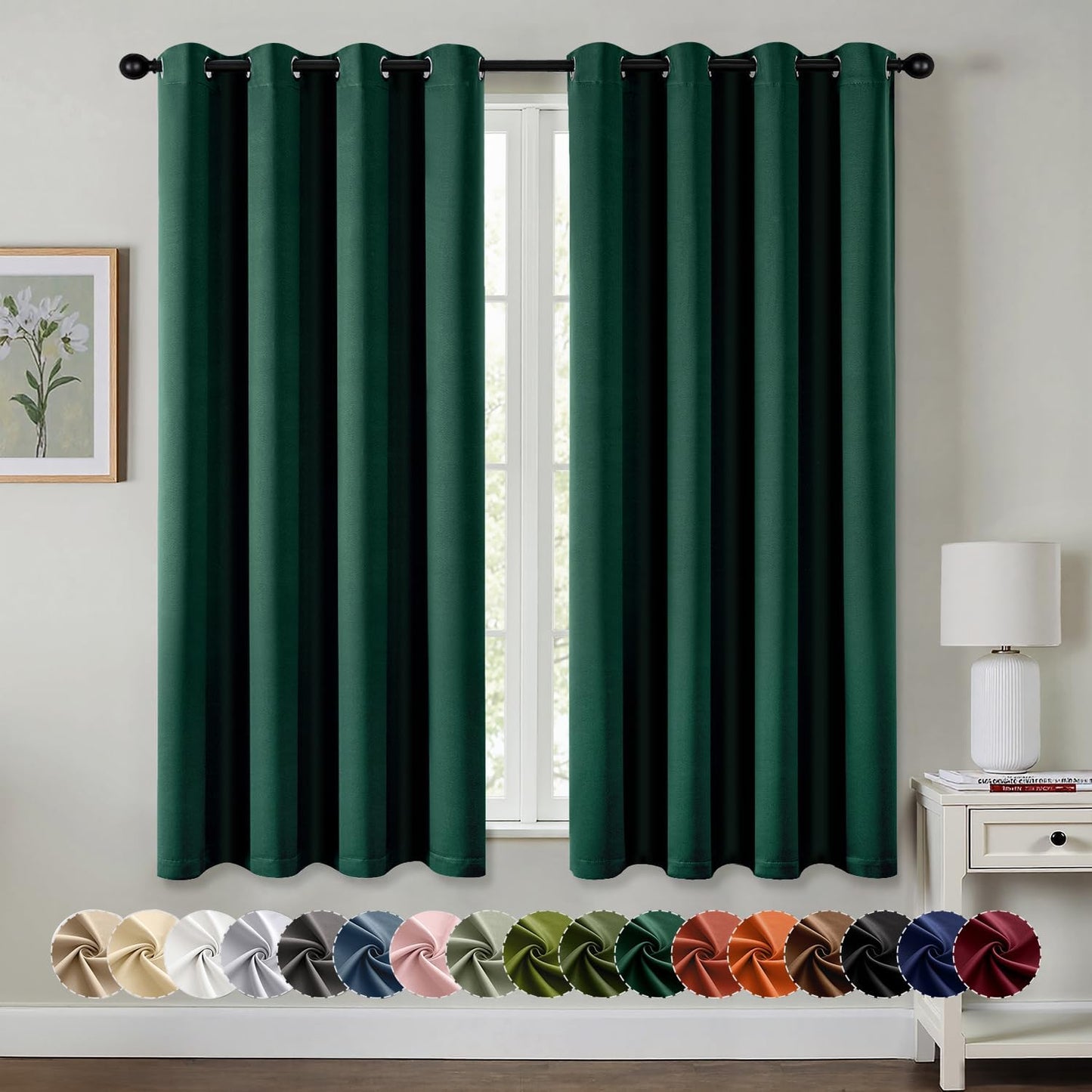 MIULEE Hunter Green Blackout Curtains - Thermal Insulated Room Darkening Drapes | 63 Inches Long, 2 Panels