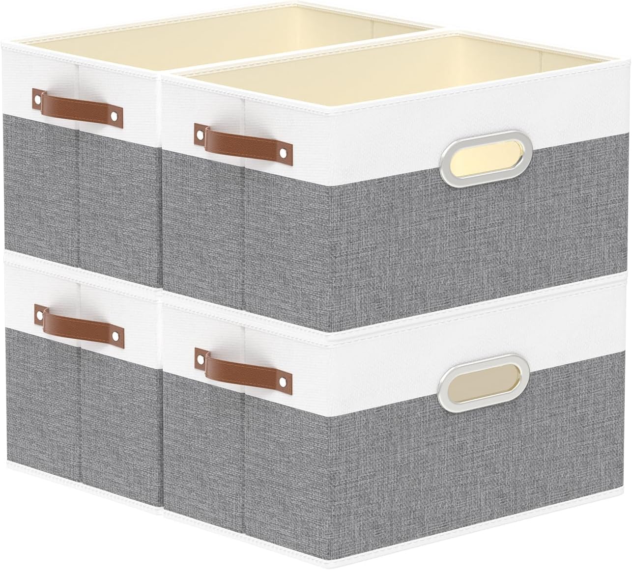 Yawinhe Fabric Storage Baskets - Foldable Closet Organizer with 3 Handles | Large Canvas Bins, White/Grey, 4-Pack (12.99''L x 9.05''W x 7.87''H)