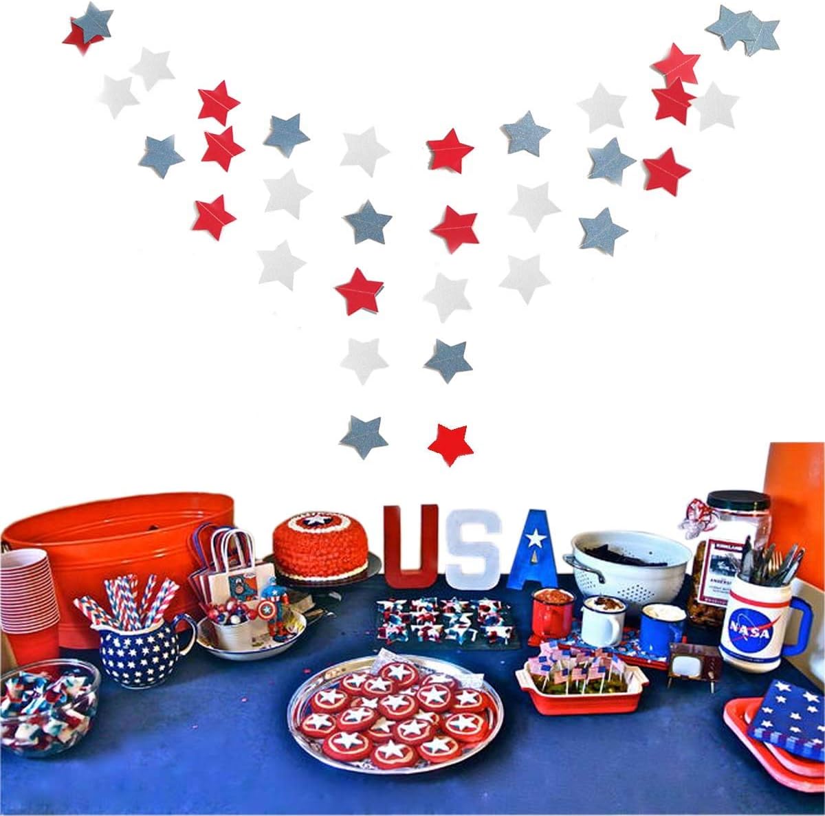 Patriotic Star Streamers Garland by [Brand Name] - 6 Pack Red, White & Blue Bunting Banner for 4th of July Celebrations | 50 Feet