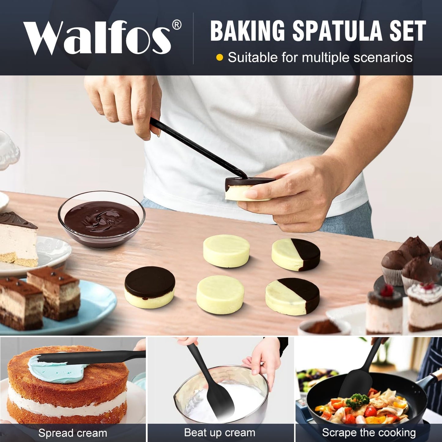 Walfos Silicone Spatula Set of 5 - High Heat Resistant (600°F) Kitchen Scrapers | BPA Free, Dishwasher Safe, Black
