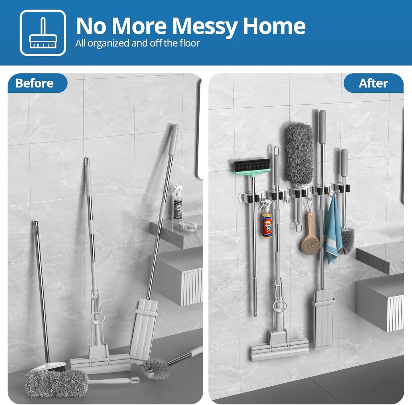Skiennix Broom Holder - Heavy Duty Wall Mount Organizer with 5 Racks & 4 Hooks | Ideal for Kitchen, Garden, Garage