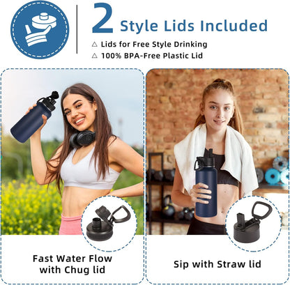 Volhoply 32 oz Insulated Water Bottles - 4 Pack with Straw & Spout Lids | Stainless Steel, Leakproof Design for Hiking & Camping