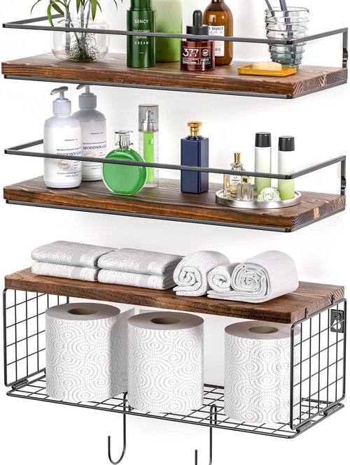 3+3 Bathroom Shelves - Wall Mounted Over Toilet with Storage Basket & Hooks | Brown Floating Shelves