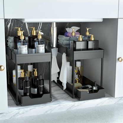 DEKAVA Under Sink Organizer - 2 Pack Bathroom Cabinet Storage Baskets | 2 Tier Sliding Design (Black)