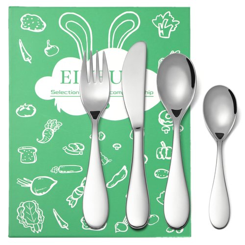 Kids Silverware Set, EIUBUIE18/10 Stainless Steel Metal Toddler Utensils, Safe Reusable Child Cutlery Flatware Includes Fork Knife Table Spoons for Eating(4 Piece, Mirror Polished)