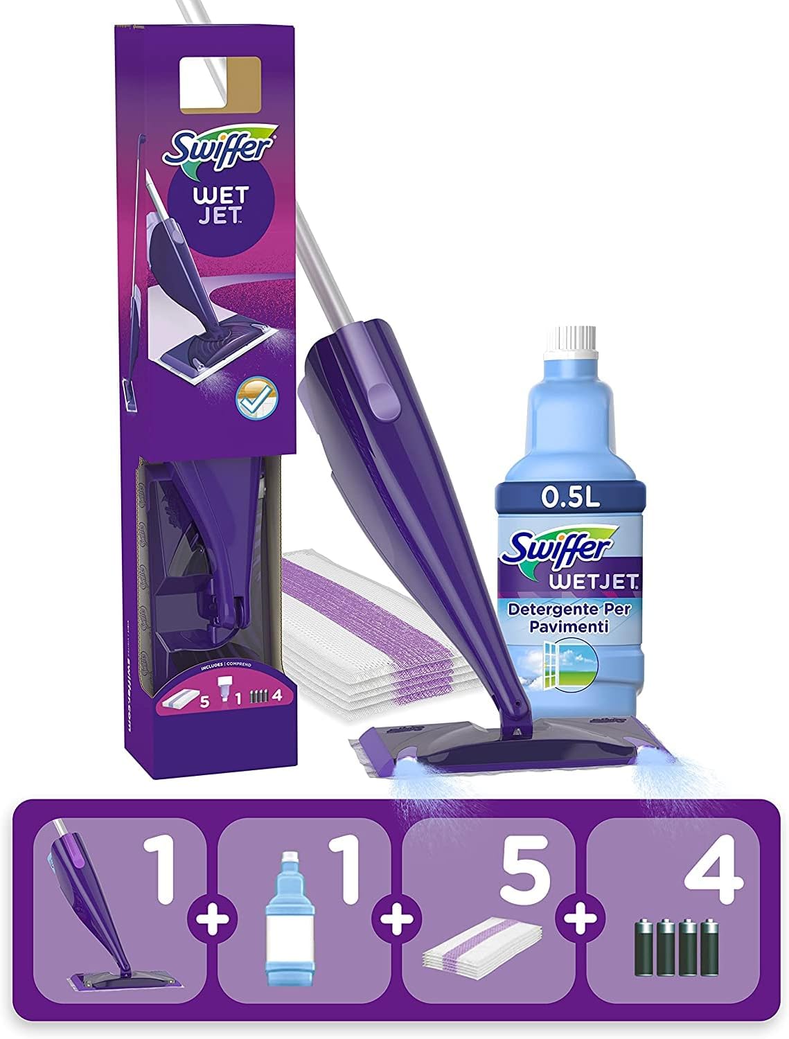 Swiffer WetJet Floor Spray Mop Starter Kit - Includes 1 Mop, 5 Pads, 1 Solution & 4 Batteries