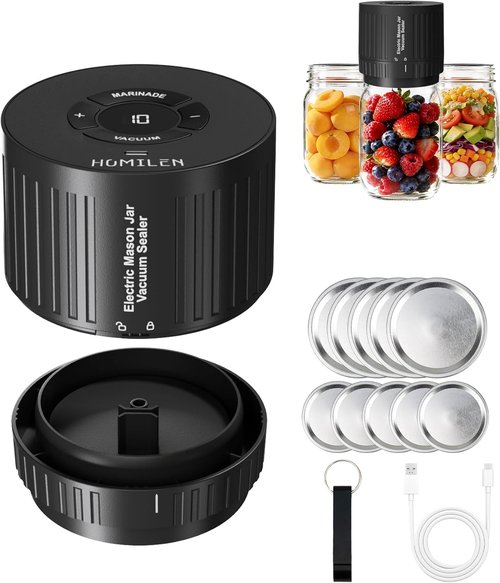 Electric Mason Jar Vacuum Sealer Kit - 2 Modes for Vacuum & Fast Marinade | 10 Sealing Lids for Freshness