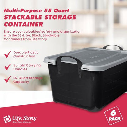 Life Story 55 Quart Heavy Duty Stackable Storage Bins - Versatile Lightweight Organizers | Black/Gray