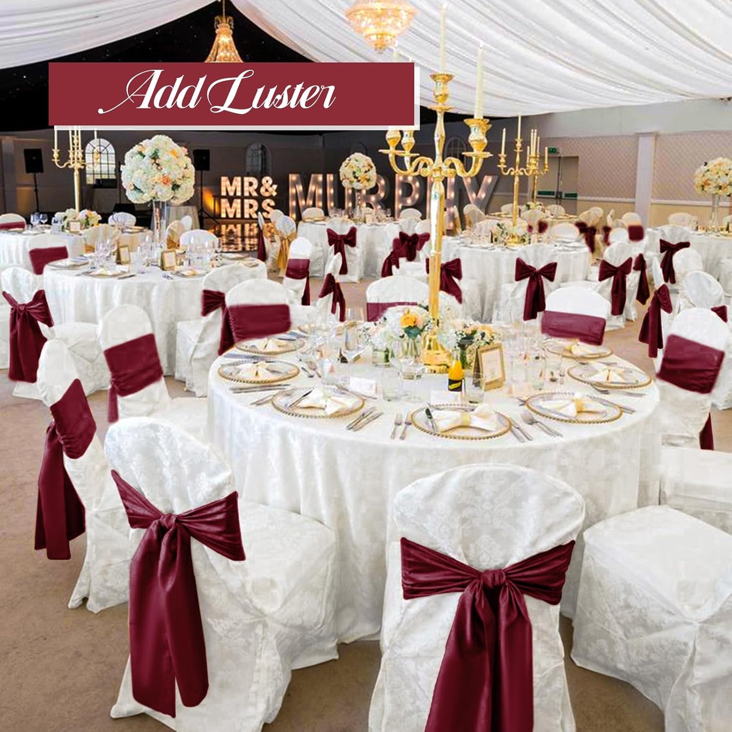 Skiennix 100 PCS Satin Chair Sashes - Burgundy Decorative Ribbon Ties for Weddings & Events | 7 x 108 Inch