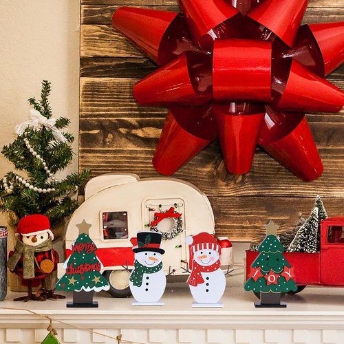 DECSPAS Christmas Decorations - 4 PCS Wooden Christmas Trees & Snowmen for Festive Table Centerpieces | Winter Home Decor