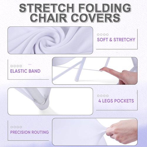 Lounsweer Folding Chair Cover Set - 50 Pcs with Stretch Spandex Slipcovers & Satin Sashes | White & Lavender