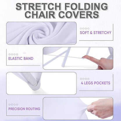 Lounsweer Folding Chair Cover Set - 50 Pcs with Stretch Spandex Slipcovers & Satin Sashes | White & Lavender