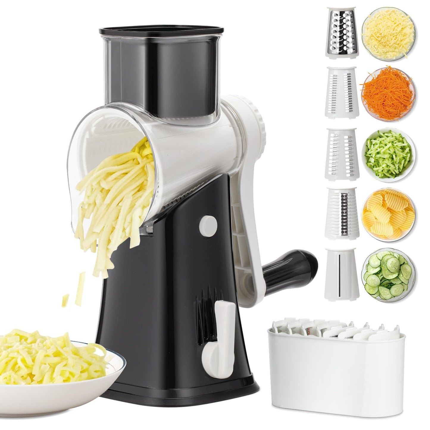 Rotary cheese grater - hand-cranked,5in1 washable & easy to clean - perfect for chefs, cuts cheese, veggies, fruits, nuts, crackers - upgraded model with strong suction-Hand Crank Cheese Grater