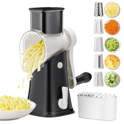Rotary cheese grater - hand-cranked,5in1 washable & easy to clean - perfect for chefs, cuts cheese, veggies, fruits, nuts, crackers - upgraded model with strong suction-Hand Crank Cheese Grater