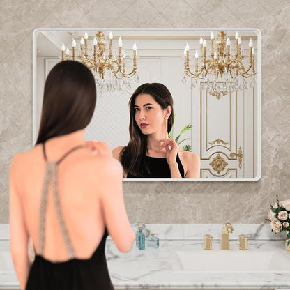 LOAAO White Metal Framed Bathroom Mirror - Large 40x36 Inch Rounded Rectangle, Anti-Rust, Tempered Glass