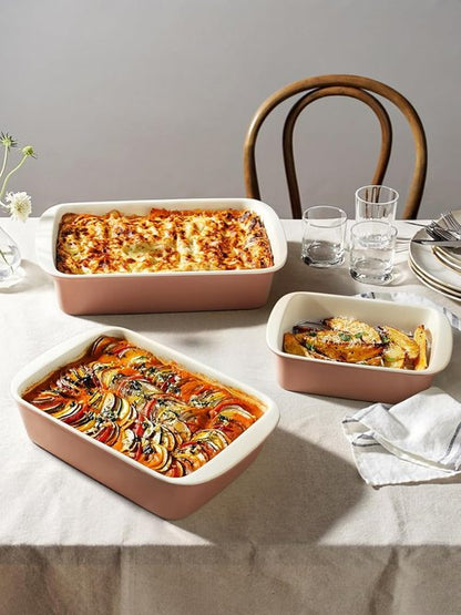 LE TAUCI Ceramic Baking Dish Set - Deep Casserole Dishes with Roasting Racks | Dusty Pink, 3-Piece Set (4.6QT/3.0QT/1.6QT)