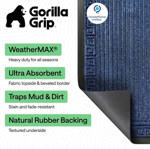 GORILLA GRIP Waterproof All-Season WeatherMAX Doormat - Stain & Fade Resistant, Easy Clean, 29x17, Navy Greek Keys