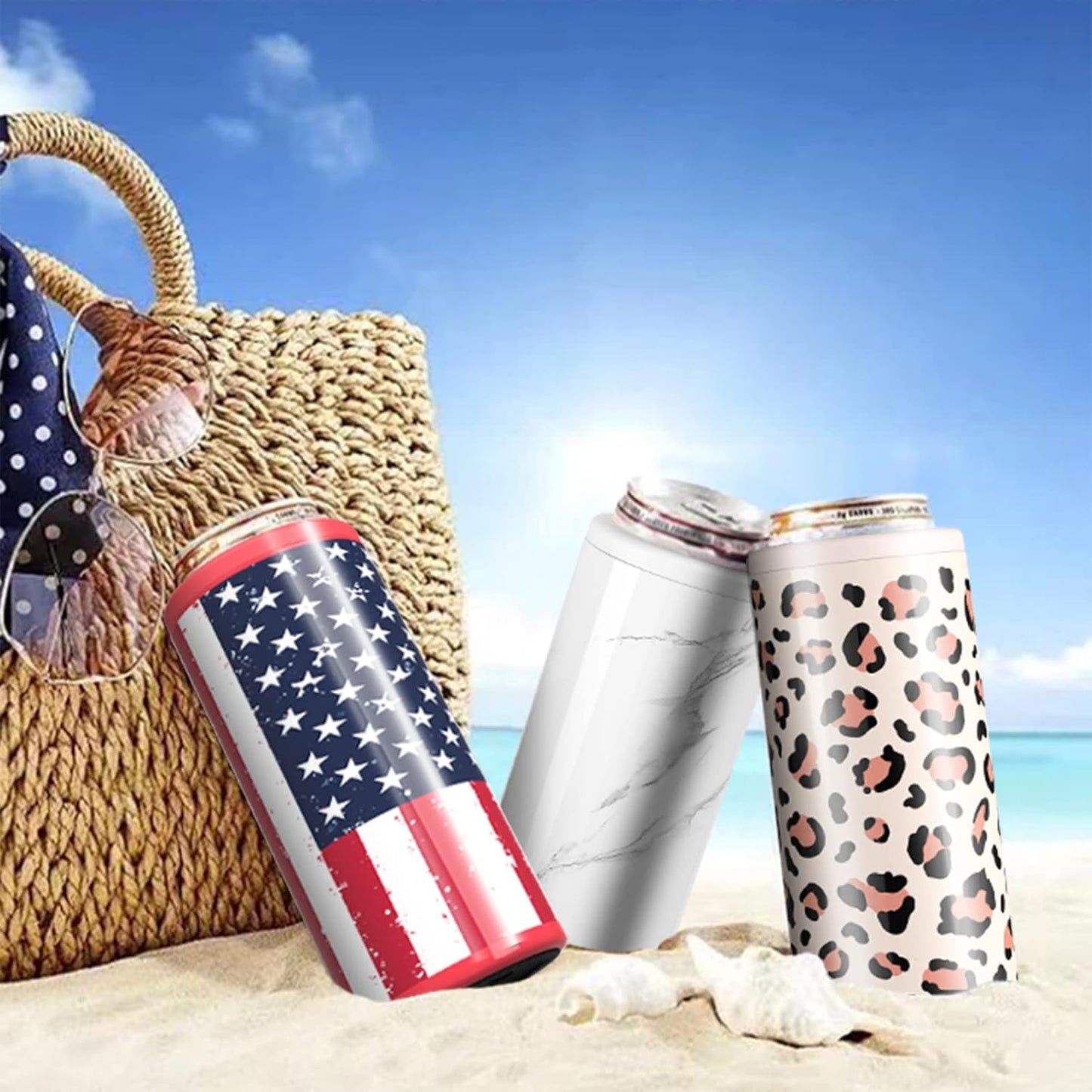 TILUCK Slim Can Cooler - Insulated Stainless Steel for Beer & Hard Seltzer | 12 oz U.S. Flag Design