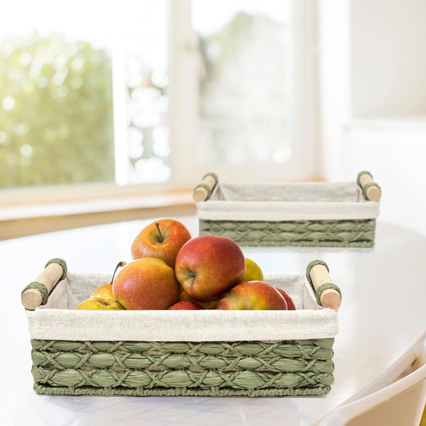 Skiennix Wicker Storage Baskets - Decorative Organizing Bins with Handles | Set of 2, Green
