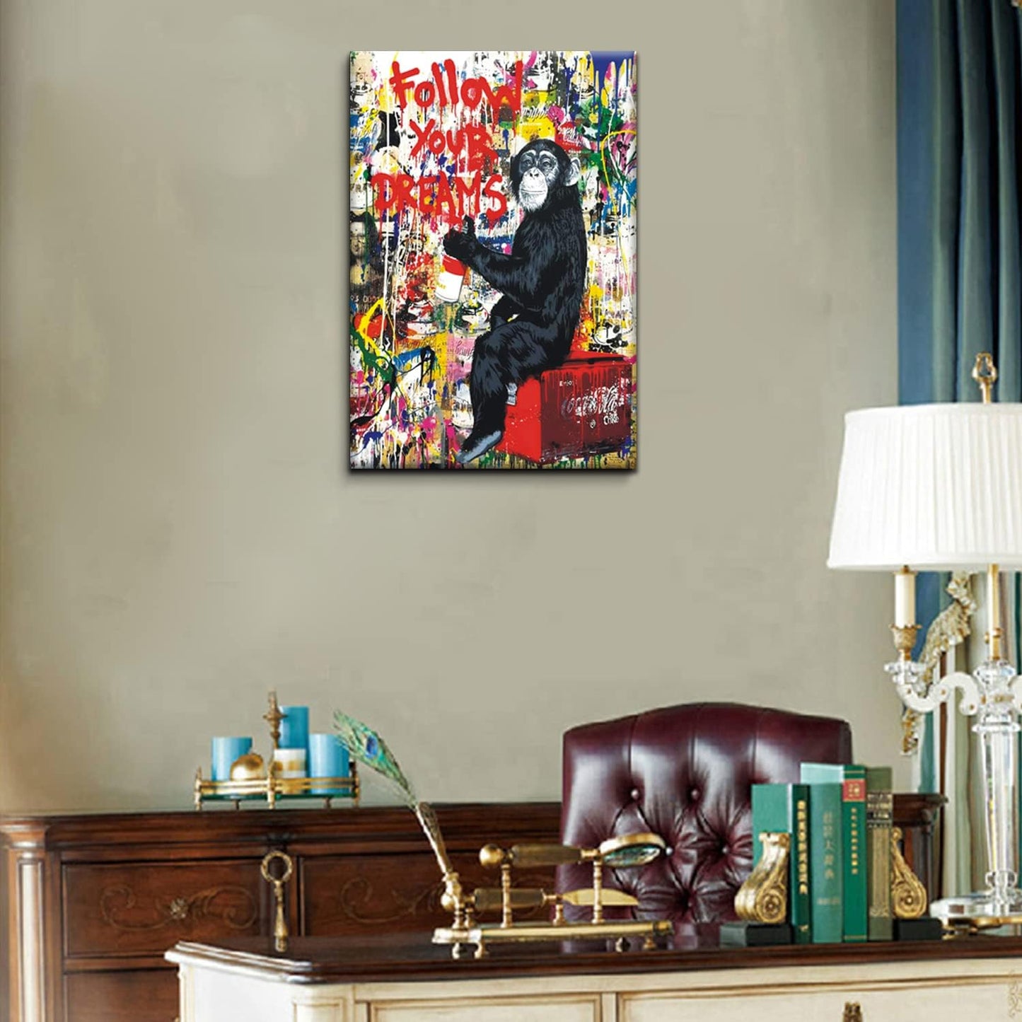 **AKOTAC Monkey Street Graffiti Canvas Print - Follow Your Dreams Animal Art for Living Room & Office Decor**