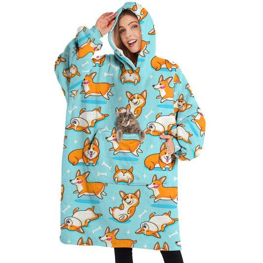 Touchbetter Fox Dog Wearable Oversized Blanket, Sherpa Blanket Hooded with Super Pockets, Super Warm Fuzzy Pullover for Adults